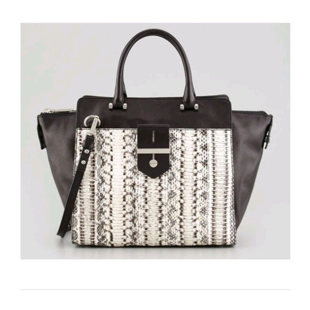 MILLY Makene Black Leather Cream Snakeskin Tote Satchel Crossbody Bag  45